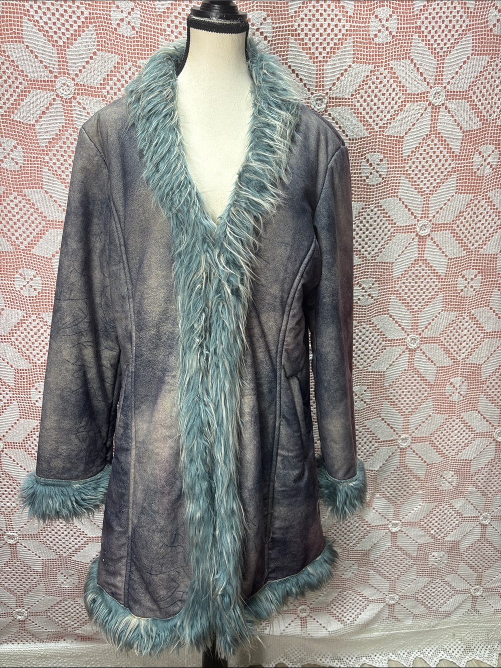Y2K Feilida Faux Fur Trim Coat Grey Blue M/L